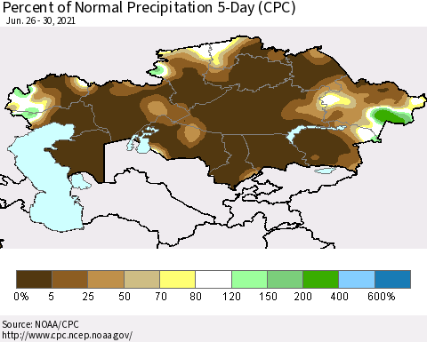 Kazakhstan Percent of Normal Precipitation 5-Day (CPC) Thematic Map For 6/26/2021 - 6/30/2021