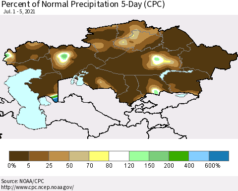 Kazakhstan Percent of Normal Precipitation 5-Day (CPC) Thematic Map For 7/1/2021 - 7/5/2021