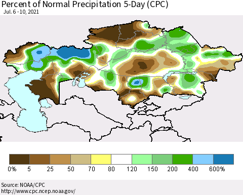 Kazakhstan Percent of Normal Precipitation 5-Day (CPC) Thematic Map For 7/6/2021 - 7/10/2021