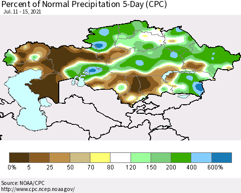 Kazakhstan Percent of Normal Precipitation 5-Day (CPC) Thematic Map For 7/11/2021 - 7/15/2021