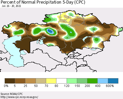 Kazakhstan Percent of Normal Precipitation 5-Day (CPC) Thematic Map For 7/16/2021 - 7/20/2021