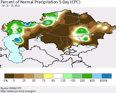 Kazakhstan Percent of Normal Precipitation 5-Day (CPC) Thematic Map For 7/21/2021 - 7/25/2021