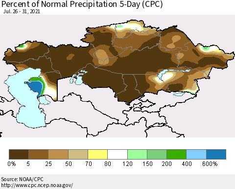 Kazakhstan Percent of Normal Precipitation 5-Day (CPC) Thematic Map For 7/26/2021 - 7/31/2021