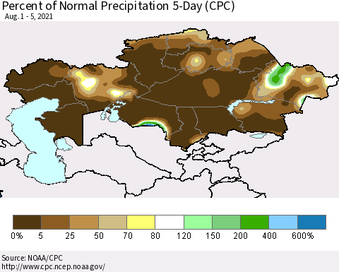 Kazakhstan Percent of Normal Precipitation 5-Day (CPC) Thematic Map For 8/1/2021 - 8/5/2021