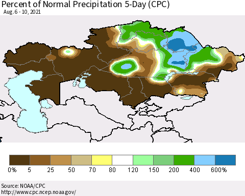 Kazakhstan Percent of Normal Precipitation 5-Day (CPC) Thematic Map For 8/6/2021 - 8/10/2021