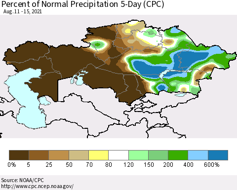 Kazakhstan Percent of Normal Precipitation 5-Day (CPC) Thematic Map For 8/11/2021 - 8/15/2021