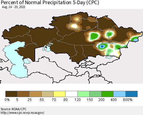 Kazakhstan Percent of Normal Precipitation 5-Day (CPC) Thematic Map For 8/16/2021 - 8/20/2021