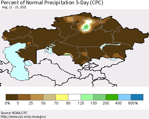 Kazakhstan Percent of Normal Precipitation 5-Day (CPC) Thematic Map For 8/21/2021 - 8/25/2021
