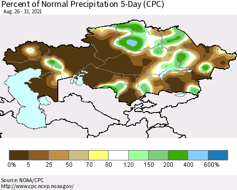Kazakhstan Percent of Normal Precipitation 5-Day (CPC) Thematic Map For 8/26/2021 - 8/31/2021