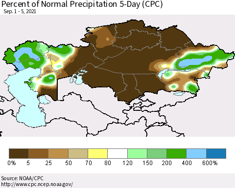 Kazakhstan Percent of Normal Precipitation 5-Day (CPC) Thematic Map For 9/1/2021 - 9/5/2021