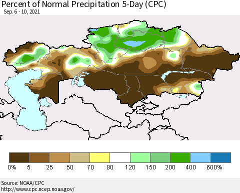 Kazakhstan Percent of Normal Precipitation 5-Day (CPC) Thematic Map For 9/6/2021 - 9/10/2021