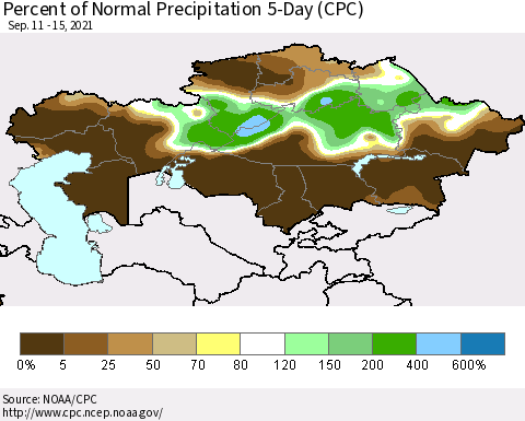 Kazakhstan Percent of Normal Precipitation 5-Day (CPC) Thematic Map For 9/11/2021 - 9/15/2021