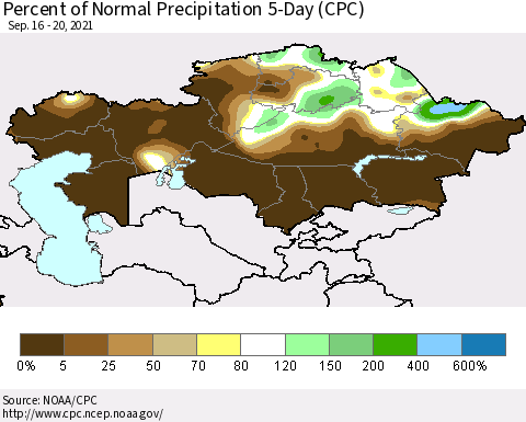 Kazakhstan Percent of Normal Precipitation 5-Day (CPC) Thematic Map For 9/16/2021 - 9/20/2021