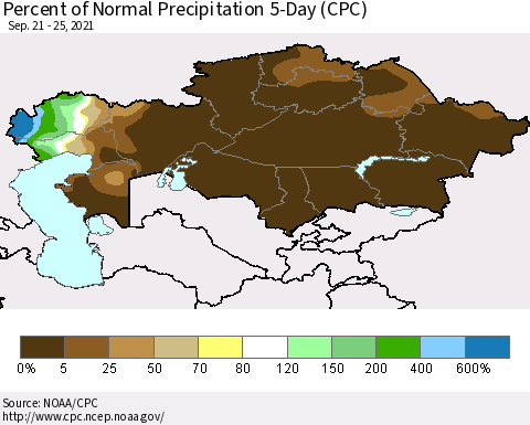 Kazakhstan Percent of Normal Precipitation 5-Day (CPC) Thematic Map For 9/21/2021 - 9/25/2021