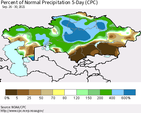 Kazakhstan Percent of Normal Precipitation 5-Day (CPC) Thematic Map For 9/26/2021 - 9/30/2021