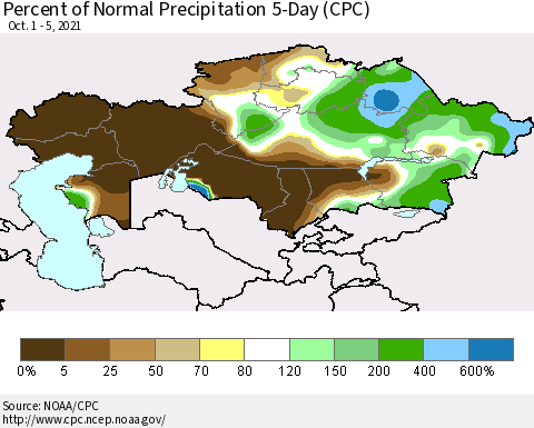Kazakhstan Percent of Normal Precipitation 5-Day (CPC) Thematic Map For 10/1/2021 - 10/5/2021