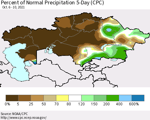 Kazakhstan Percent of Normal Precipitation 5-Day (CPC) Thematic Map For 10/6/2021 - 10/10/2021