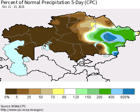 Kazakhstan Percent of Normal Precipitation 5-Day (CPC) Thematic Map For 10/11/2021 - 10/15/2021