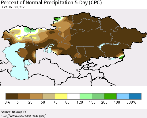 Kazakhstan Percent of Normal Precipitation 5-Day (CPC) Thematic Map For 10/16/2021 - 10/20/2021