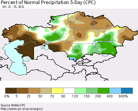 Kazakhstan Percent of Normal Precipitation 5-Day (CPC) Thematic Map For 10/21/2021 - 10/25/2021