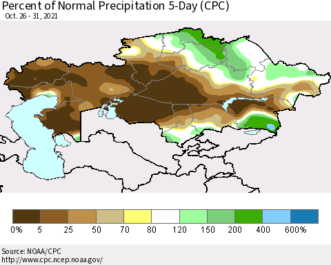 Kazakhstan Percent of Normal Precipitation 5-Day (CPC) Thematic Map For 10/26/2021 - 10/31/2021