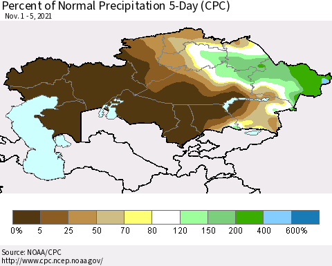 Kazakhstan Percent of Normal Precipitation 5-Day (CPC) Thematic Map For 11/1/2021 - 11/5/2021