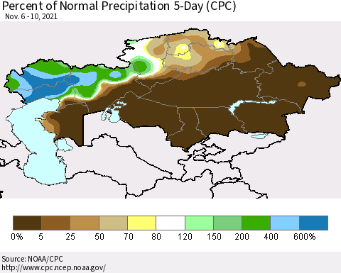 Kazakhstan Percent of Normal Precipitation 5-Day (CPC) Thematic Map For 11/6/2021 - 11/10/2021