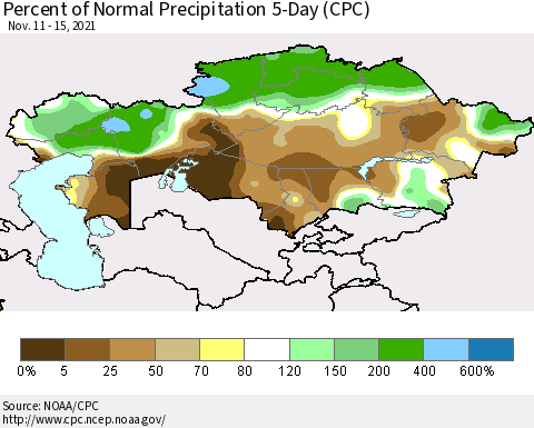 Kazakhstan Percent of Normal Precipitation 5-Day (CPC) Thematic Map For 11/11/2021 - 11/15/2021