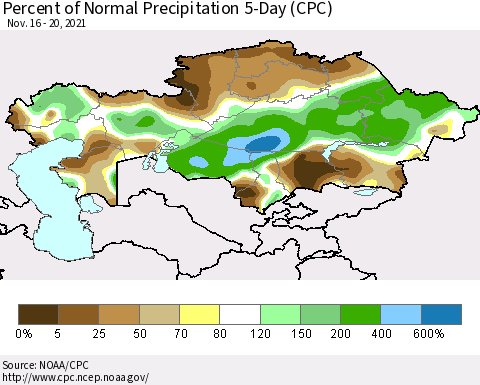 Kazakhstan Percent of Normal Precipitation 5-Day (CPC) Thematic Map For 11/16/2021 - 11/20/2021