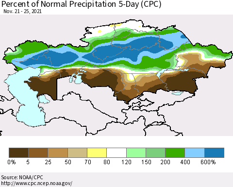 Kazakhstan Percent of Normal Precipitation 5-Day (CPC) Thematic Map For 11/21/2021 - 11/25/2021