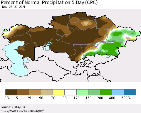 Kazakhstan Percent of Normal Precipitation 5-Day (CPC) Thematic Map For 11/26/2021 - 11/30/2021