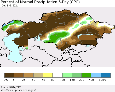 Kazakhstan Percent of Normal Precipitation 5-Day (CPC) Thematic Map For 12/1/2021 - 12/5/2021