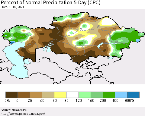 Kazakhstan Percent of Normal Precipitation 5-Day (CPC) Thematic Map For 12/6/2021 - 12/10/2021