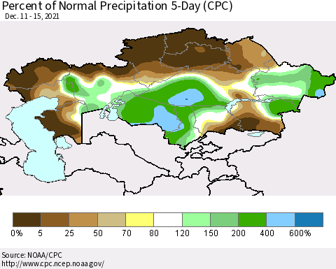 Kazakhstan Percent of Normal Precipitation 5-Day (CPC) Thematic Map For 12/11/2021 - 12/15/2021