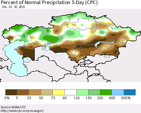 Kazakhstan Percent of Normal Precipitation 5-Day (CPC) Thematic Map For 12/16/2021 - 12/20/2021