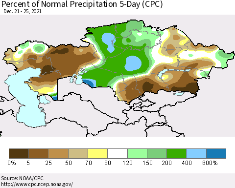 Kazakhstan Percent of Normal Precipitation 5-Day (CPC) Thematic Map For 12/21/2021 - 12/25/2021