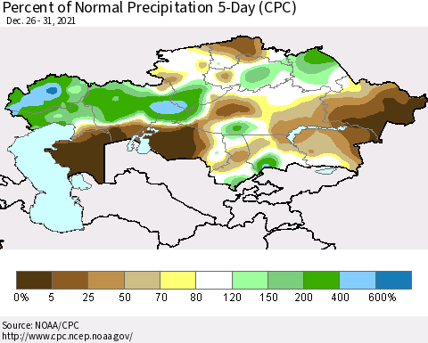 Kazakhstan Percent of Normal Precipitation 5-Day (CPC) Thematic Map For 12/26/2021 - 12/31/2021