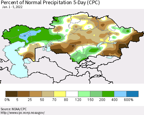 Kazakhstan Percent of Normal Precipitation 5-Day (CPC) Thematic Map For 1/1/2022 - 1/5/2022