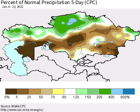 Kazakhstan Percent of Normal Precipitation 5-Day (CPC) Thematic Map For 1/6/2022 - 1/10/2022