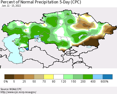 Kazakhstan Percent of Normal Precipitation 5-Day (CPC) Thematic Map For 1/11/2022 - 1/15/2022