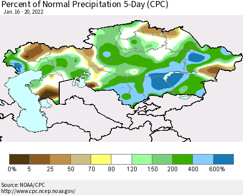 Kazakhstan Percent of Normal Precipitation 5-Day (CPC) Thematic Map For 1/16/2022 - 1/20/2022