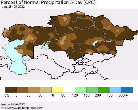 Kazakhstan Percent of Normal Precipitation 5-Day (CPC) Thematic Map For 1/21/2022 - 1/25/2022