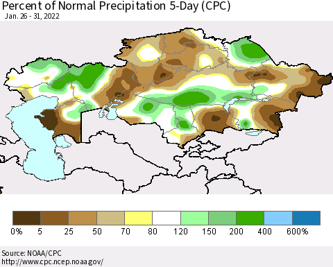 Kazakhstan Percent of Normal Precipitation 5-Day (CPC) Thematic Map For 1/26/2022 - 1/31/2022