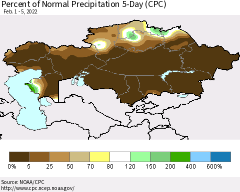 Kazakhstan Percent of Normal Precipitation 5-Day (CPC) Thematic Map For 2/1/2022 - 2/5/2022