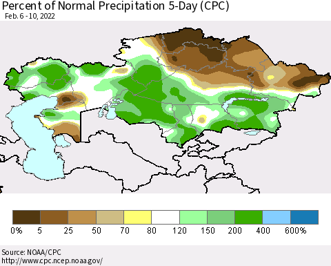 Kazakhstan Percent of Normal Precipitation 5-Day (CPC) Thematic Map For 2/6/2022 - 2/10/2022