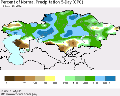 Kazakhstan Percent of Normal Precipitation 5-Day (CPC) Thematic Map For 2/11/2022 - 2/15/2022