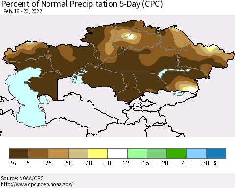 Kazakhstan Percent of Normal Precipitation 5-Day (CPC) Thematic Map For 2/16/2022 - 2/20/2022