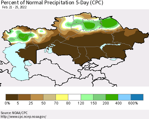 Kazakhstan Percent of Normal Precipitation 5-Day (CPC) Thematic Map For 2/21/2022 - 2/25/2022