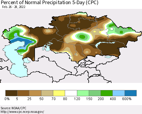 Kazakhstan Percent of Normal Precipitation 5-Day (CPC) Thematic Map For 2/26/2022 - 2/28/2022