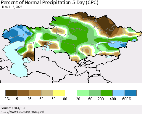 Kazakhstan Percent of Normal Precipitation 5-Day (CPC) Thematic Map For 3/1/2022 - 3/5/2022